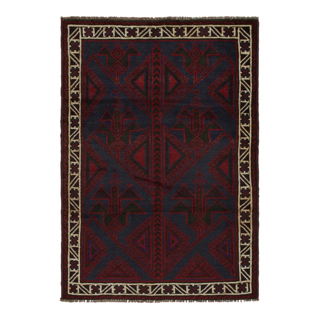 Rug & Kilim’s Baluch Tribal Rug With Burgundy and Navy Blue Geometric Patterns For Sale