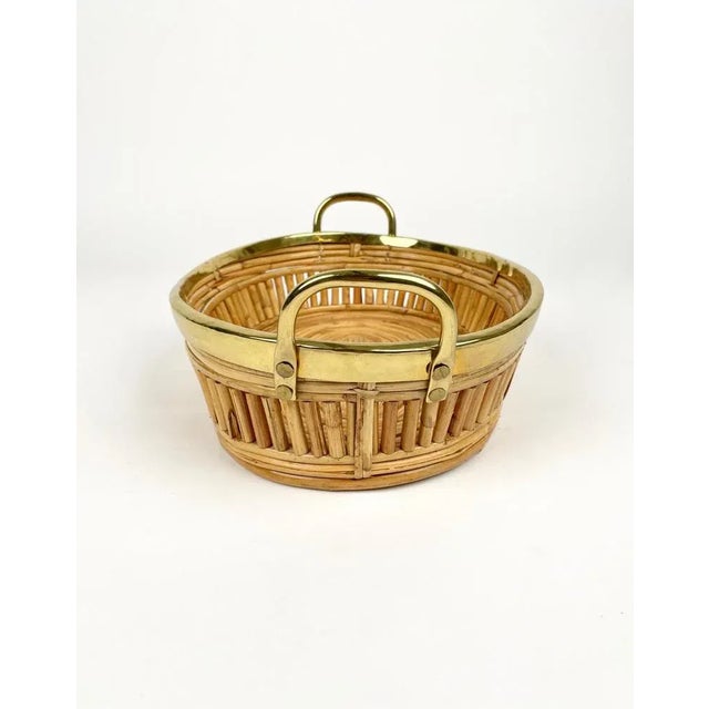 Midcentury Rattan & Brass Centerpiece Basket, Italy, 1970s For Sale - Image 12 of 14