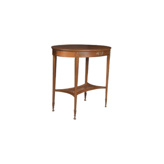 Antique English Hepplewhite Carved Bellflower Mahogany Caned Oval Side Table For Sale - Image 12 of 12