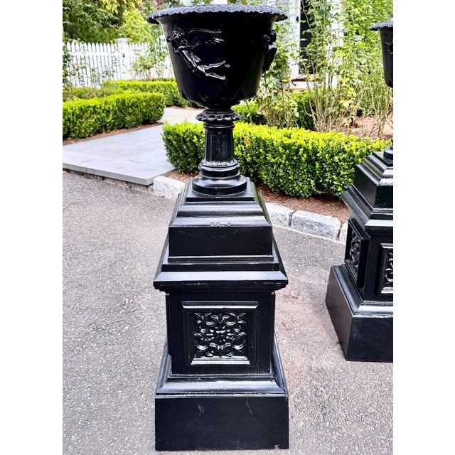 Black Large Antique Black Cast Iron Garden Urns on Pedestals, Pair, Circa 1900 For Sale - Image 8 of 18