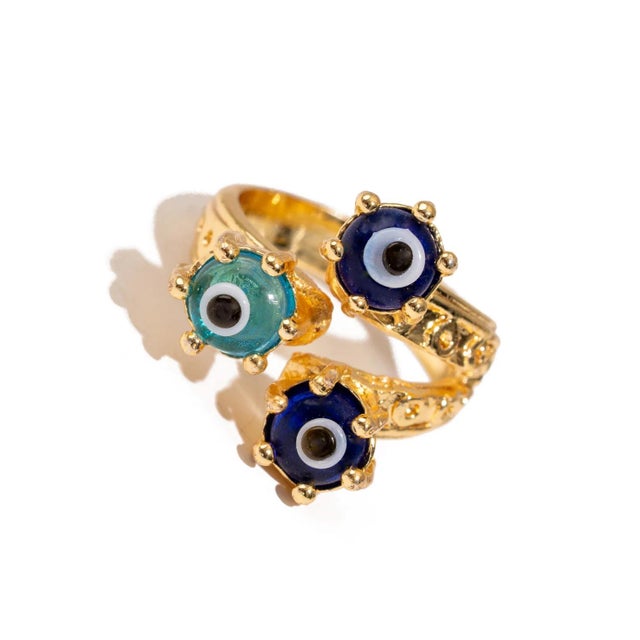 Metal Divine Trio Evil Eye Adjustable Gold Ring, Size 4 For Sale - Image 7 of 12