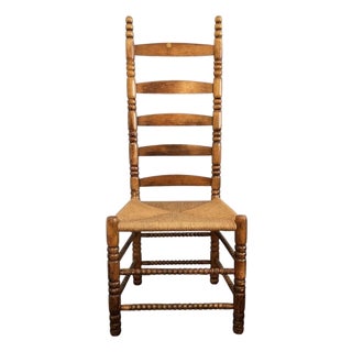Antique Turned Ladderback Rush Seat Chair — Warm Patina, Classic Farmhouse Style For Sale