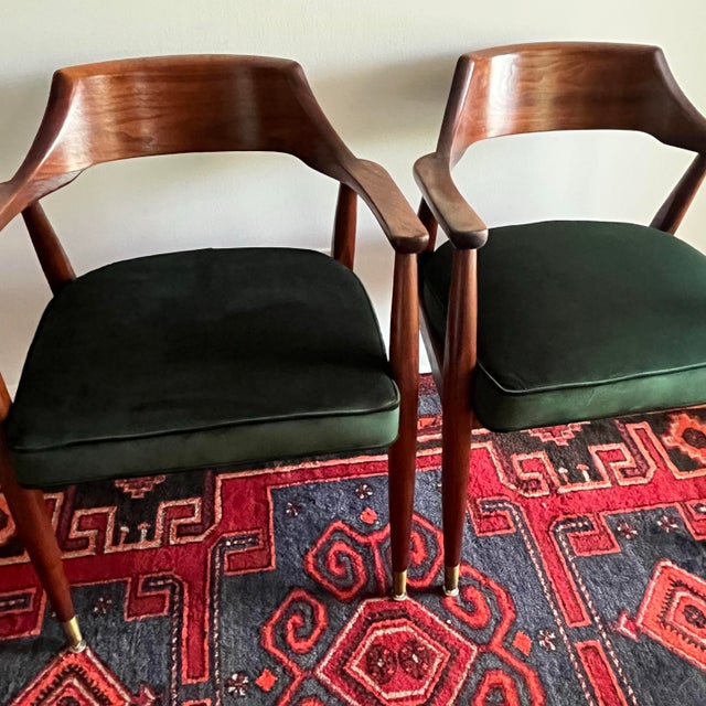 Mid-Century Modern Chairs, Jasper Chair Company Walnut Armchairs in Emerald Green Velvet- A Pair For Sale - Image 9 of 12
