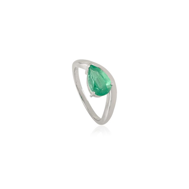 Art Deco VRJewels 1.31 Carat Pear-Cut Zambian Emerald Wave Ring Size 5.5 in 14k White Gold For Sale - Image 3 of 14