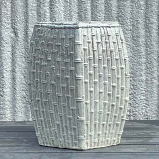 Coastal Vintage Coastal Glazed Ceramic Bamboo Low Stool For Sale - Image 3 of 4