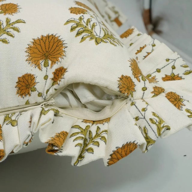 Fabdivine Ethnic Block Print Frill Cushion Cover 14x14 Inch Thick Cotton White- Rishi For Sale - Image 4 of 5