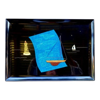 Rare Vintage Couroc of Monterey "Blueprints Under Sail Ii" Mid-Century Modern Nautical Cocktail Tray For Sale