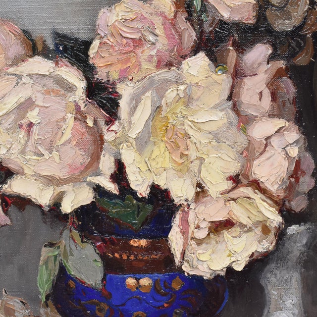 Maurice Alfred Decamps, Art Deco Still Life with Vase of White Roses, 1920s-1940s, Oil on Canvas For Sale - Image 4 of 11