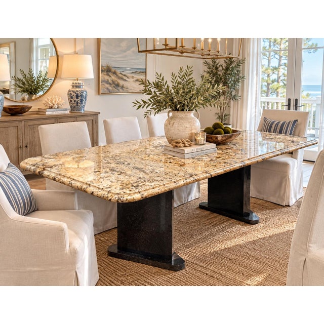 Custom American-Designed 80” Delicatus Gold Granite Dining Table | Brazilian Natural Stone For Sale - Image 14 of 15