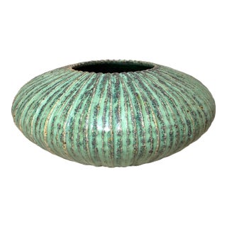 Vintage American Signed Ed Thompson Ribbed Green Verdigris Pottery Vase Bowl For Sale