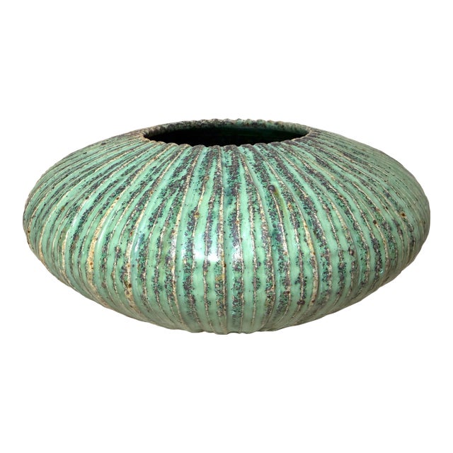 Vintage American Signed Ed Thompson Ribbed Green Verdigris Pottery Vase Bowl For Sale