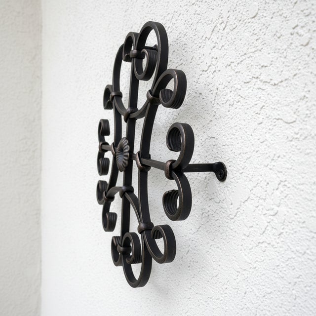 Rustic Hand-Forged Wrought Iron Wall Decor (Symmetrical Scroll & Rosette) 3D Architectural Wall Art For Sale - Image 3 of 5