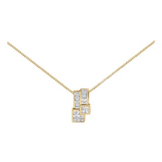 14K Yellow Gold 1 1/2 cttw Princess and Baguette Cut Diamond Geometric Pendant Necklace (H-I Color, VS1-VS2 Clarity) For Sale