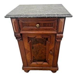 19th Century European Empire, Biedermeier Burl Walnut Marble-Top Bedside Cabinet For Sale