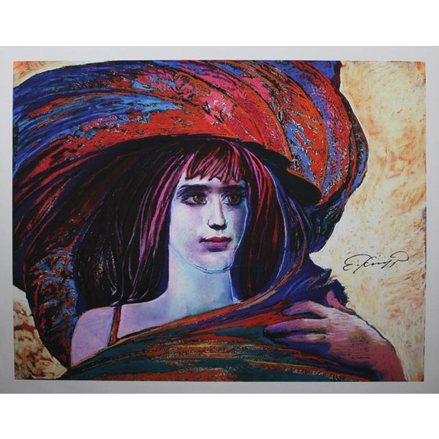 Ernst Fuchs, Woman with Big Hat, Print on Cloth, in Flawless conditions. Designed 1970 to 1979 This piece has an...