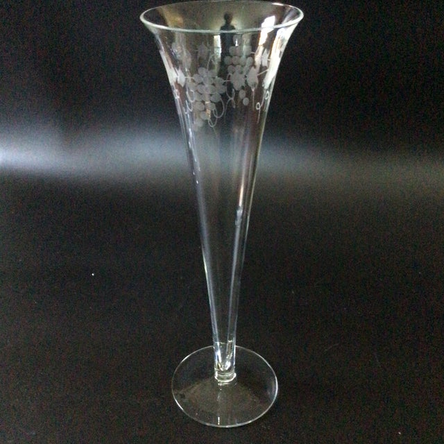 Tuscan Etched Grape and Leaf Flared Mouth Hollow Stem Trumpet Champagne Flutes-Set of 4 For Sale - Image 3 of 12