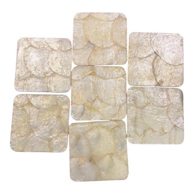 Vintage Gold & Green Capiz Shell Mosaic Coasters, Set of 7 For Sale In Indianapolis - Image 6 of 7