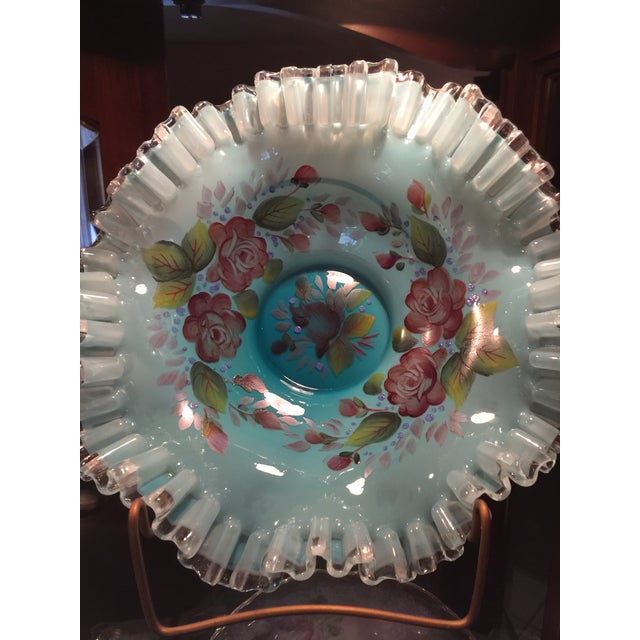 Enameled powder blue bowl with floral center and ribbon edge. Late 19th Century original. Bride's baskets or bride's bowls...