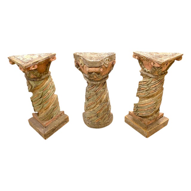 Beautiful set of 3 antique carved wood Italian pilasters. Two of them are matching with pointed outer edges while the...