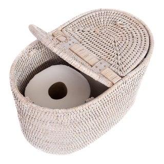 Artifacts Rattan Oval Double Tissue Roll Box in White Wash For Sale