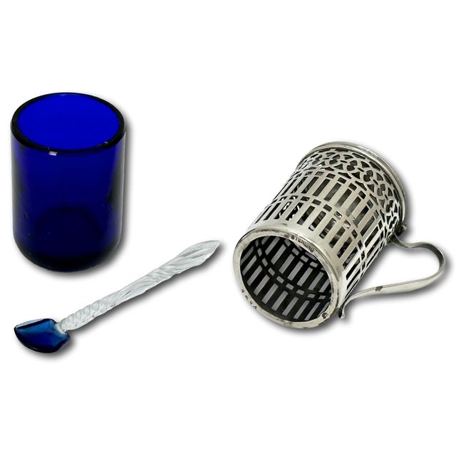 Unusual Small Size Early 1900s Antique American Sterling Silver & Cobalt Blue Glass Mustard Pot & Spoon For Sale - Image 10 of 12