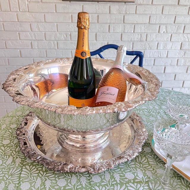 Silver Gorham "Newport" silverplate punch bowl, tray and ladle with embossed design and grapevine rim // huge champagne bucket // wedding decor For Sale - Image 8 of 18