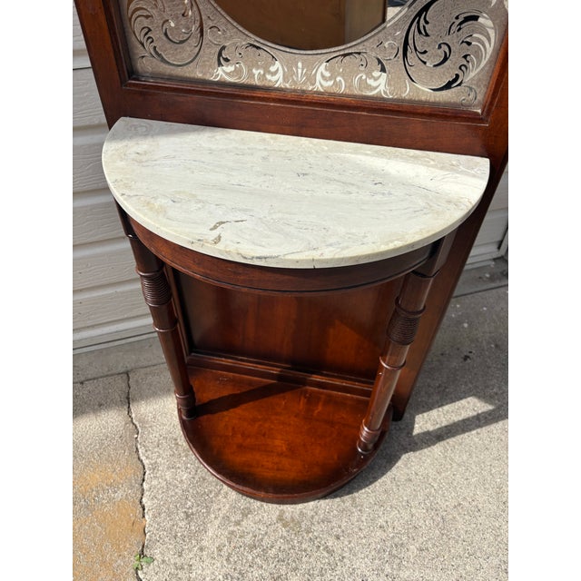 Wood Vintage Pulaski Mahogany Hall Tree With Decorative Frosted Glass Mirror and Marble Top For Sale - Image 7 of 8