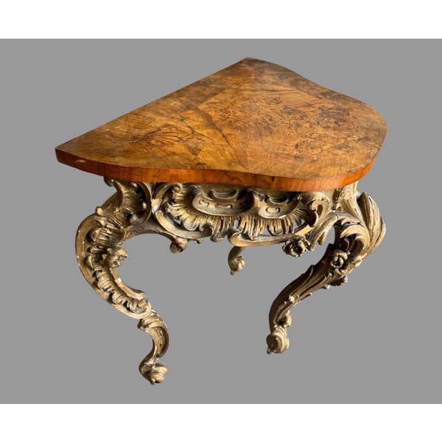 Antique Italian Carved & Gilt Decorated Marquetry Floral Inlay Top Console Hall Table For Sale - Image 4 of 11