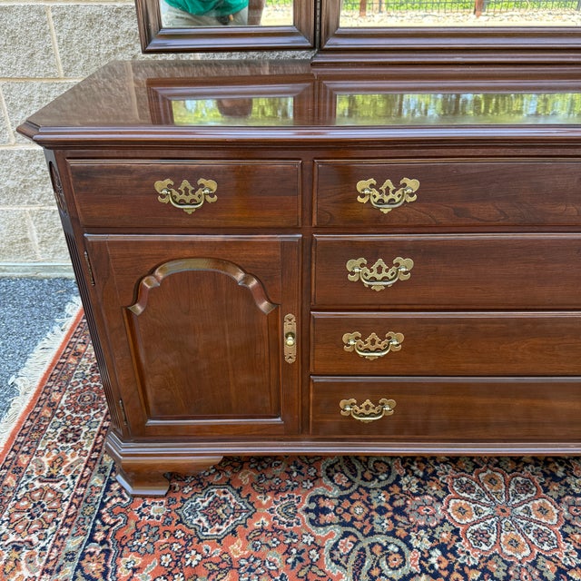 Wood 1980s Ethan Allen Georgian Court Solid Cherry 8 Drawer Low Dresser & Trifold Mirror (11-5223) For Sale - Image 7 of 18