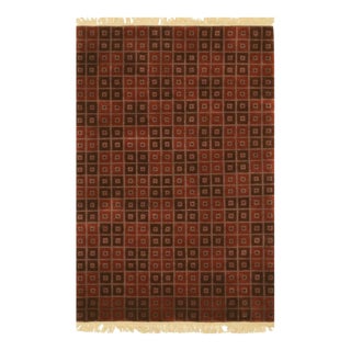 Standard Size Red Hand-Knotted Wool Boxed Checkerboard Geometric Carpet Rug For Sale