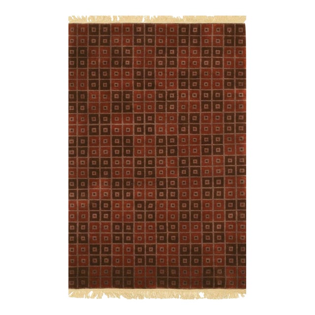 Standard Size Red Hand-Knotted Wool Boxed Checkerboard Geometric Carpet Rug For Sale