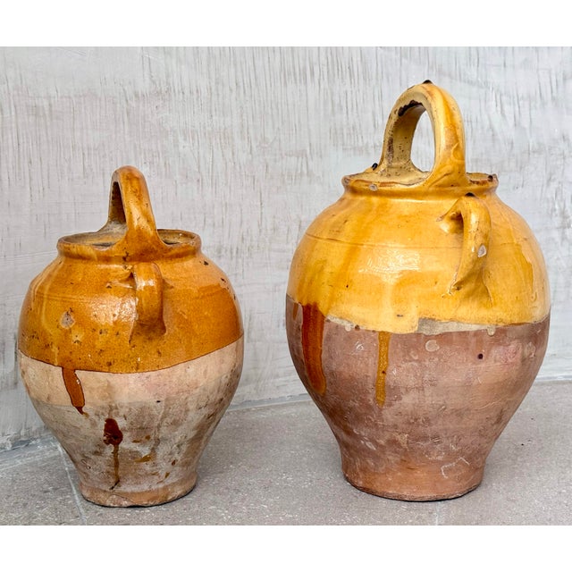 Ceramic French 19th Century Antique Glazed Yellow Confit, Cruche Pot, Gargolette With Top Handle and Spout- A Pair For Sale - Image 7 of 12