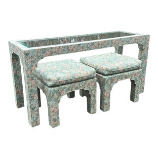 Vintage Upholstered Console Table and Pillow Top Ottomans For Sale