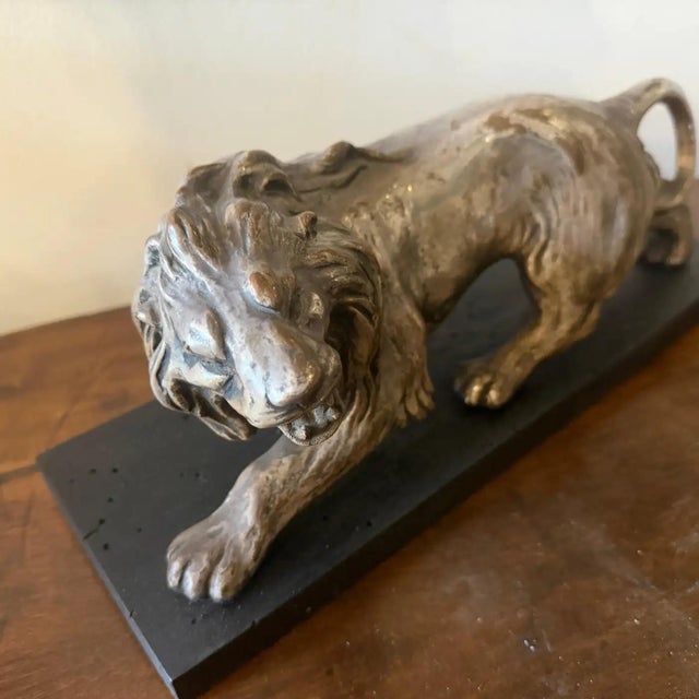 A 1940s Art Deco Silver Plate on Copper Italian Sculpture of a Roaring Lion For Sale - Image 13 of 16