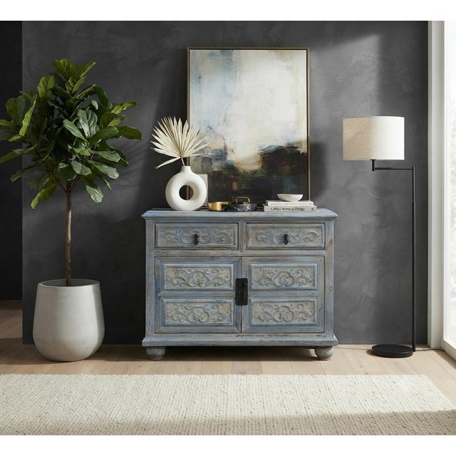 Wood Oriental Floral Shabby Chic Rustic Light Blue High Credenza Cabinet For Sale - Image 7 of 10