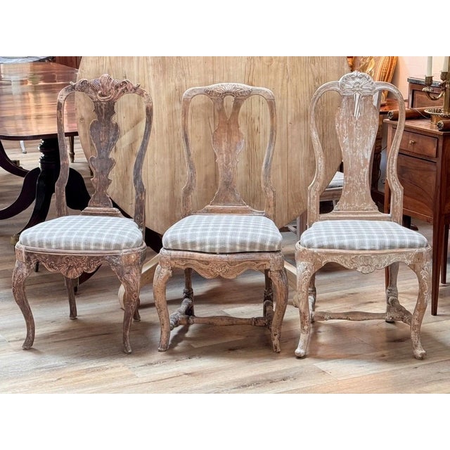 Set of six 18th Century Gustavian Swedish Side chairs – each one different. All having a tall back with carved detail,...