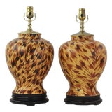 Pair of Vintage Hand Painted Yellow and Brown Tortoiseshell Pattern Porcelain Table Lamps With Wood Bases For Sale