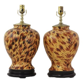 Pair of Vintage Hand Painted Yellow and Brown Tortoiseshell Pattern Porcelain Table Lamps With Wood Bases For Sale