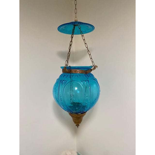Glass 19th Century English Blue Glass Bell Jar Hanging Lantern For Sale - Image 7 of 7