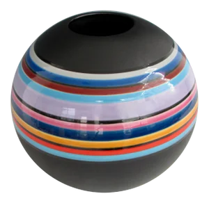 Marilyn Kay Austin Style Ball Shaped Matte Black with Multi Stripe Rainbow Vase