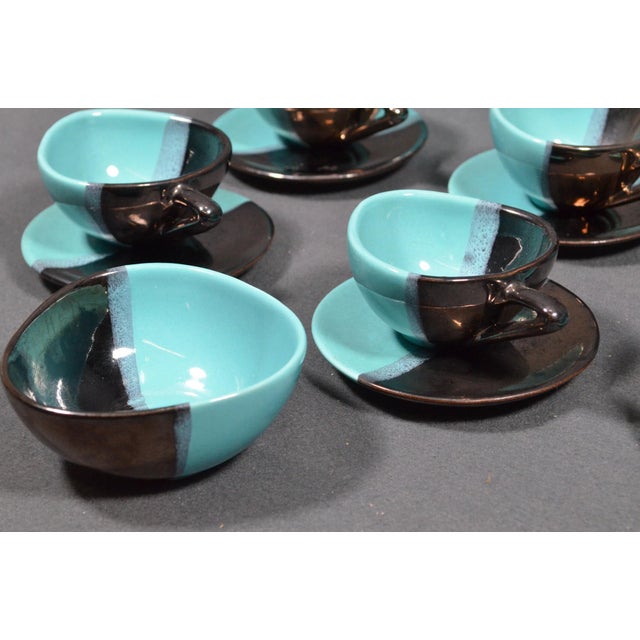 Vallauris Mid 20th Century Vallauris – Black and Turquoise Blue Faience Coffee Set - 15 pcs For Sale - Image 4 of 18