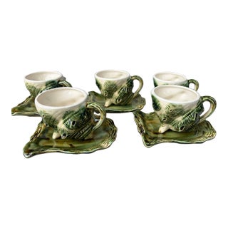 Vintage Majolica Style Shell Cup and Saucers Set of 9 Pieces For Sale