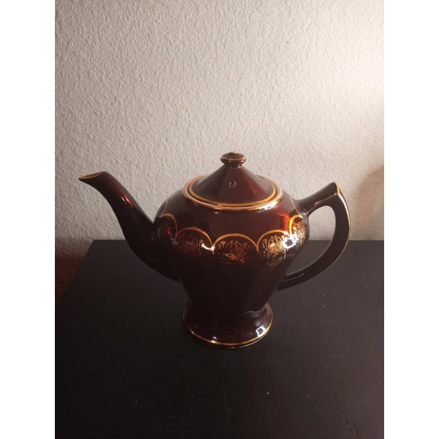 Vintage Hall Usa Teapot Albany 0227 Burgundy With Gold Trim For Sale In Dallas - Image 6 of 7