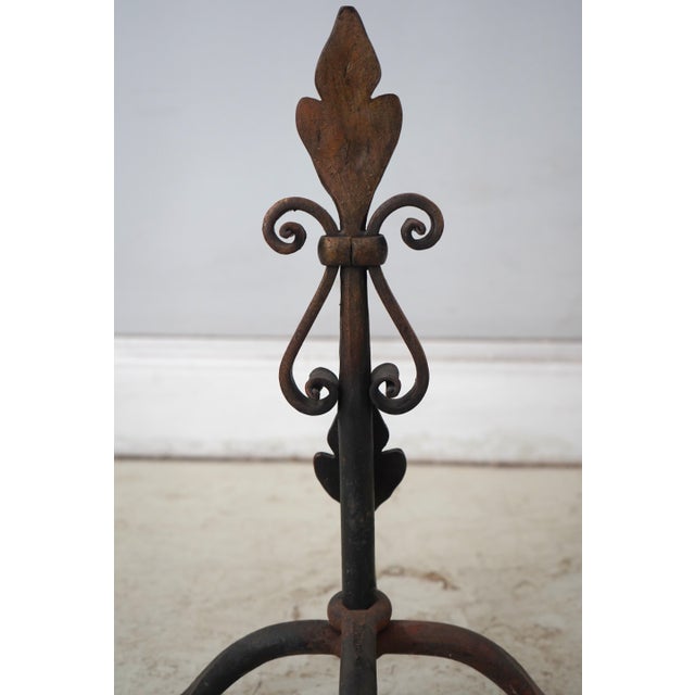 Gothic Pair Vintage Fleur -De- Lis Iron Work Fireplace Andirons For Sale - Image 3 of 10