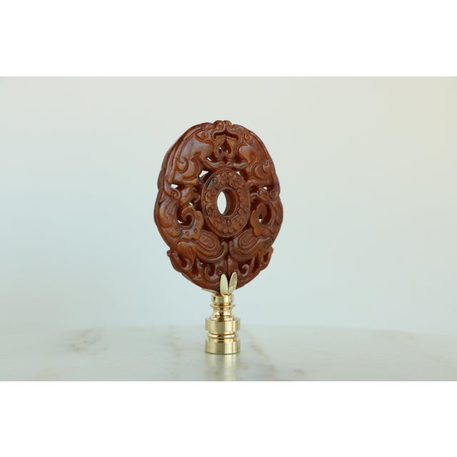 Chinese Fauna Carved Stone Lamp Finial on Golden Brass Hardware For Sale In Madison - Image 6 of 7