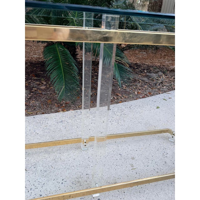 Plastic Hollywood Regency Console Table Lucite Pillars Brass Frame in the Manner of Charles Hollis Jones For Sale - Image 7 of 17