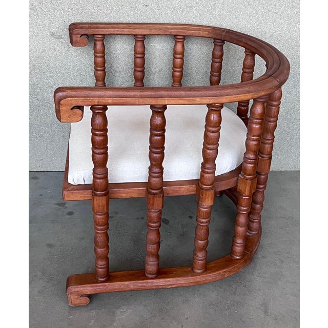Brown Early 20th Century Pair of Spanish Slatted Barrel Back Hand Carved Chairs For Sale - Image 8 of 18