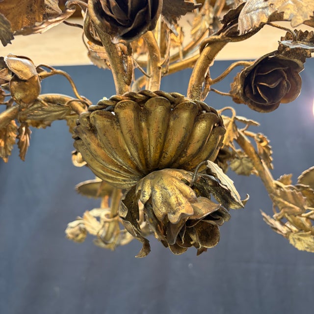 Antique Scrolling Vines French Gold Tole Chandelier With Original Gilding For Sale - Image 9 of 10