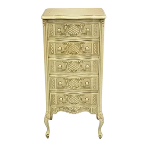Vintage French Country Provincial Style Cream Painted 5 Drawer Chest Nightstand