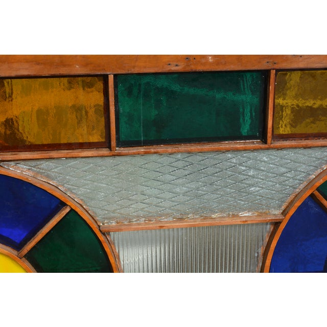 Art / Stained Glass & Wood Window Panel / Color W/ Yellow & Blue Arches in Center For Sale - Image 10 of 17